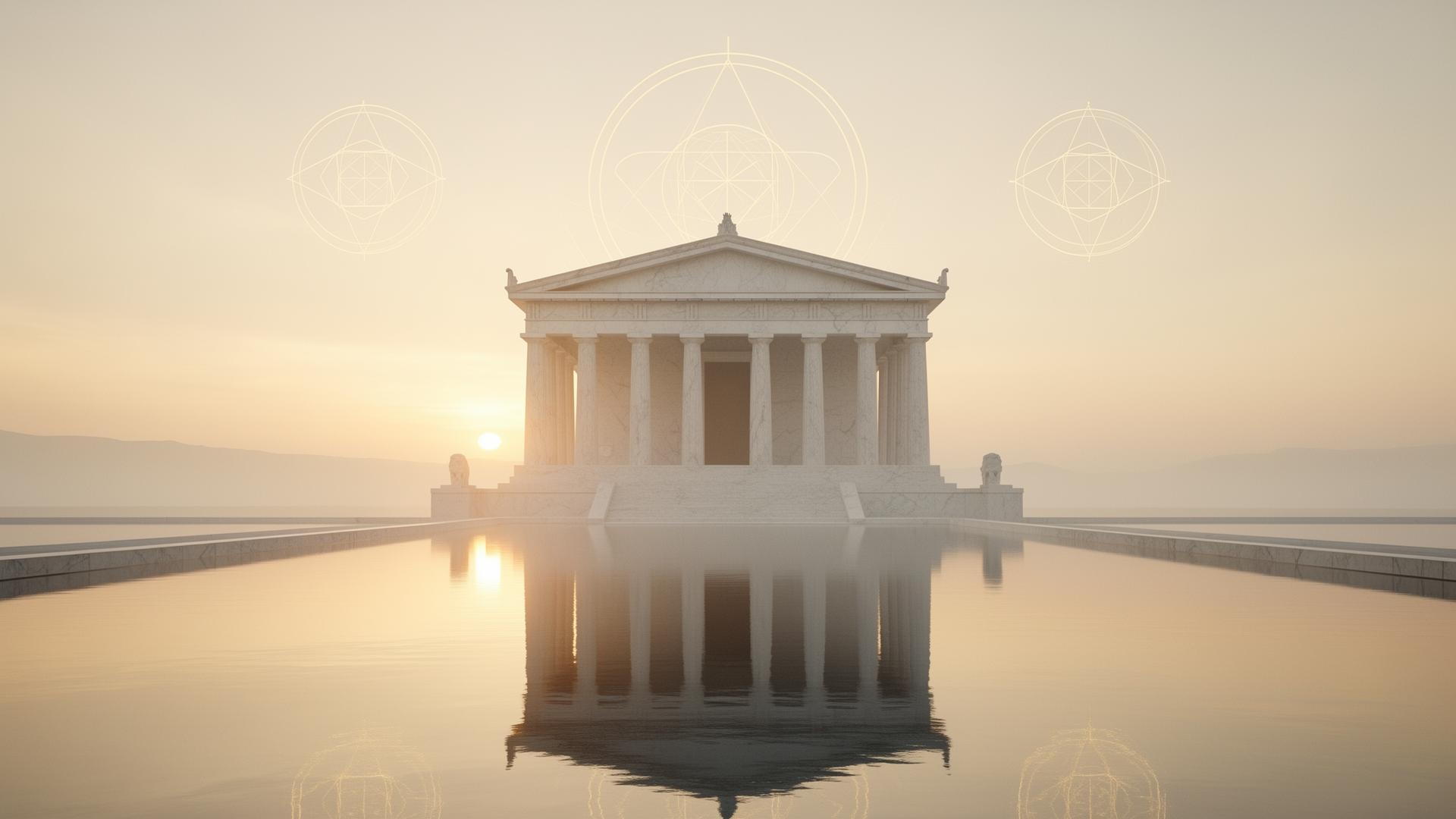 Sacred temple at sunrise reflecting in still water